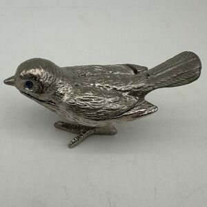 Vintage FLORENZA Silver Cast Metal Green Rhinestone Eyed Bird Trinket Box 3"